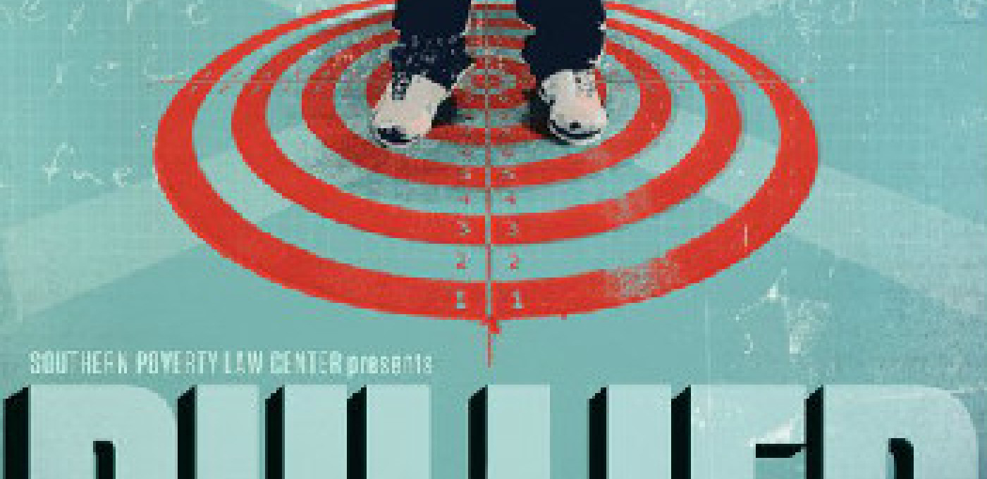 Movie poster reading "BULLIED" with a student standing on a red target; text includes "A Student, a School and a Case that Made History." Identified as informative because it conveys essential content and text relevant to understanding the material.