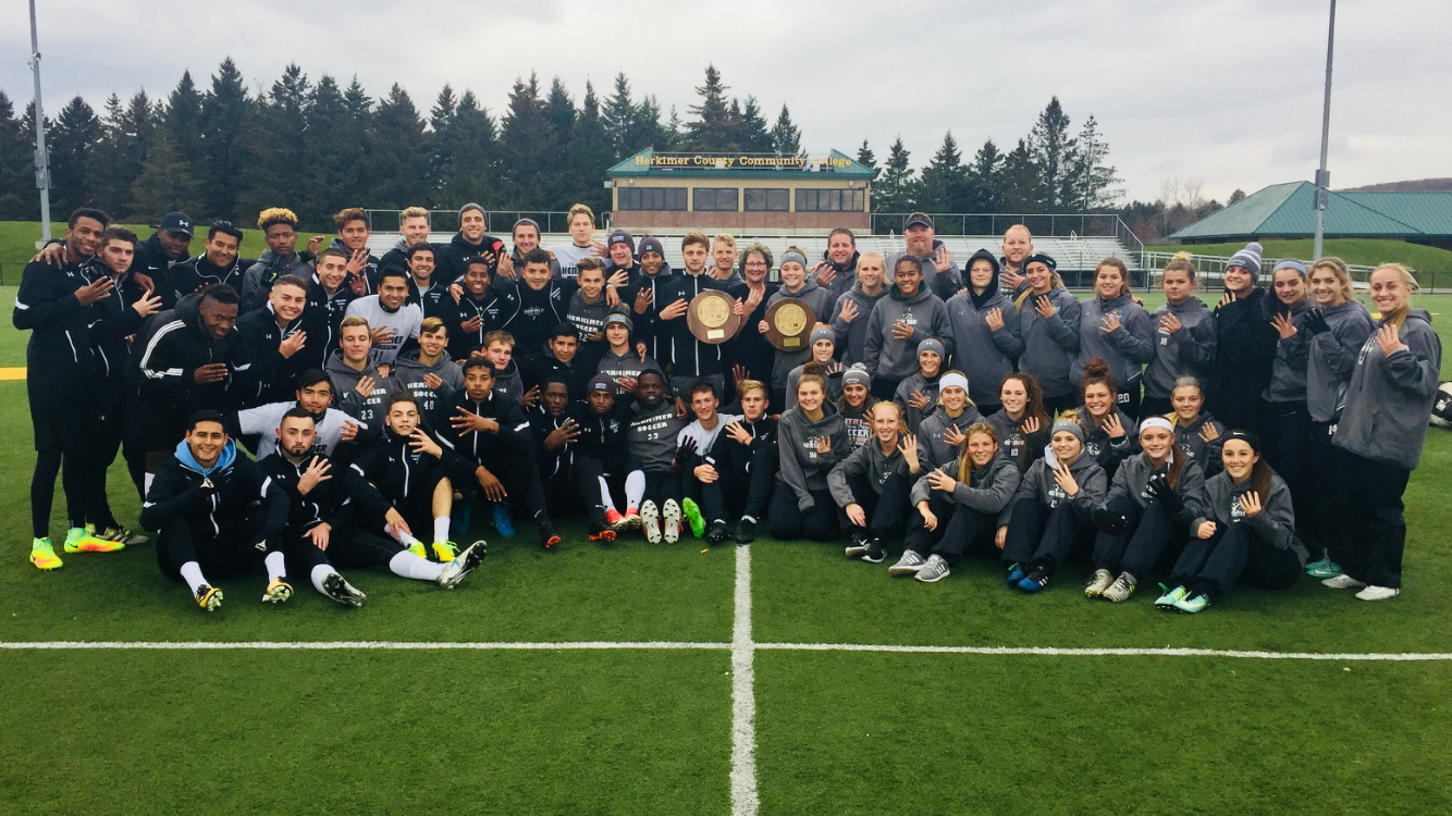 Mens and womens soccer with president